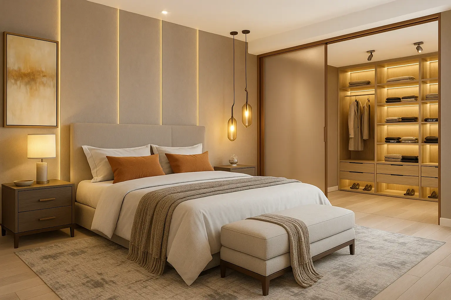 Dormitório planejado com cabeceira estofada e closet iluminado